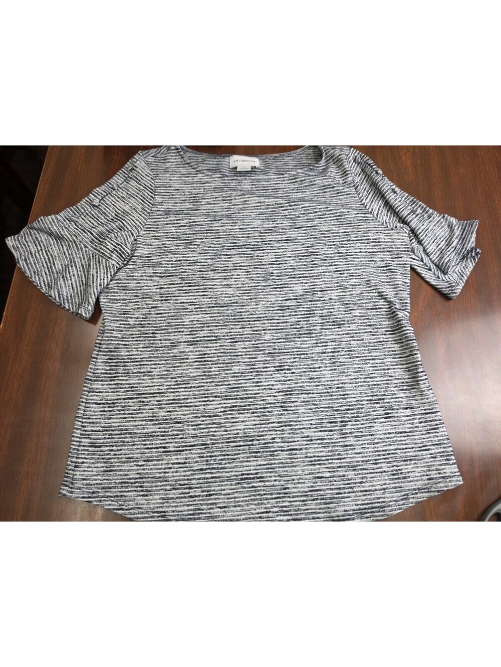 Liz Claiborne Size Medium Black White Striped Short Sleeve Knit Casual Chic Top